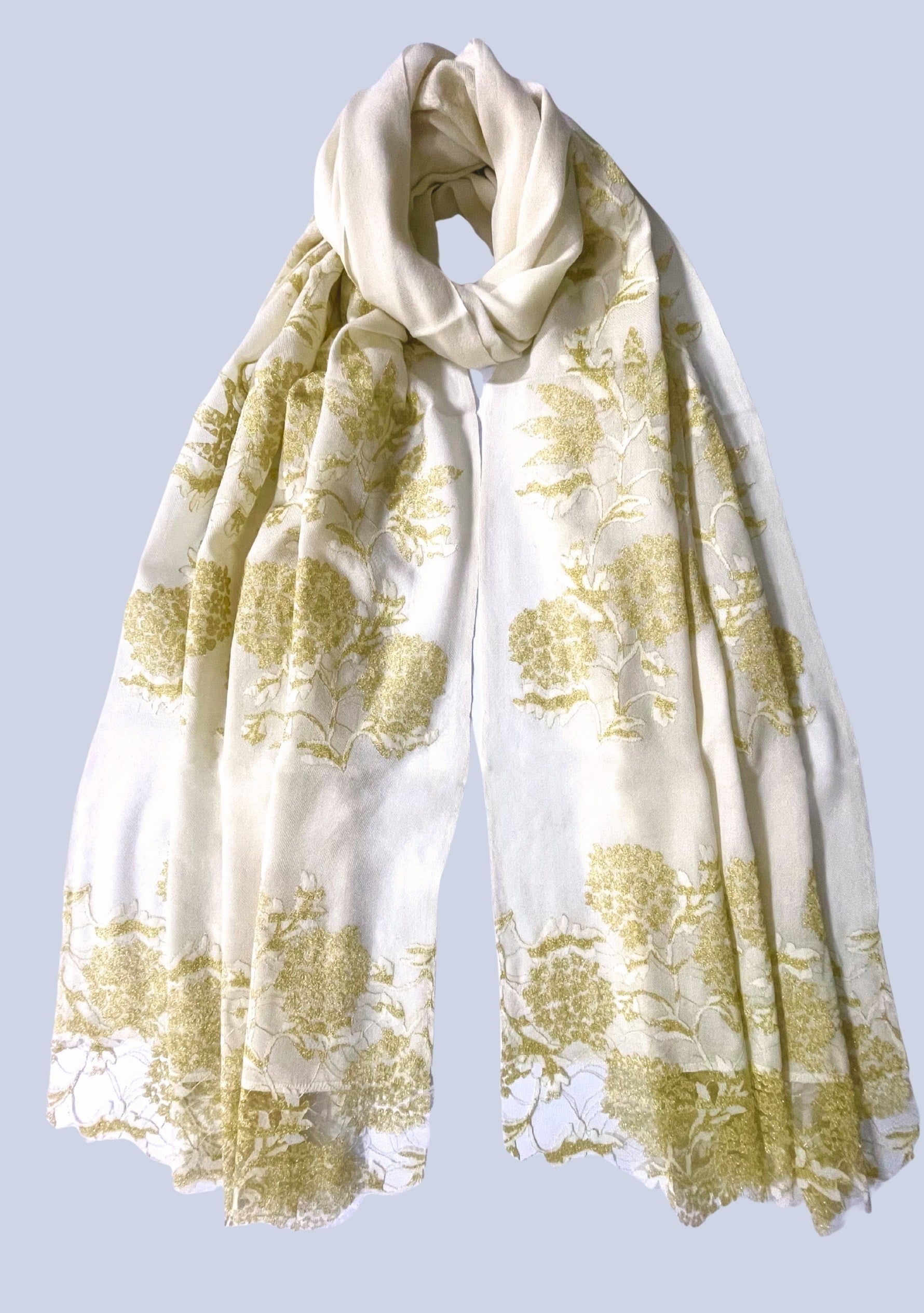 Ivory Wool & Silk Scarf Gold Lace