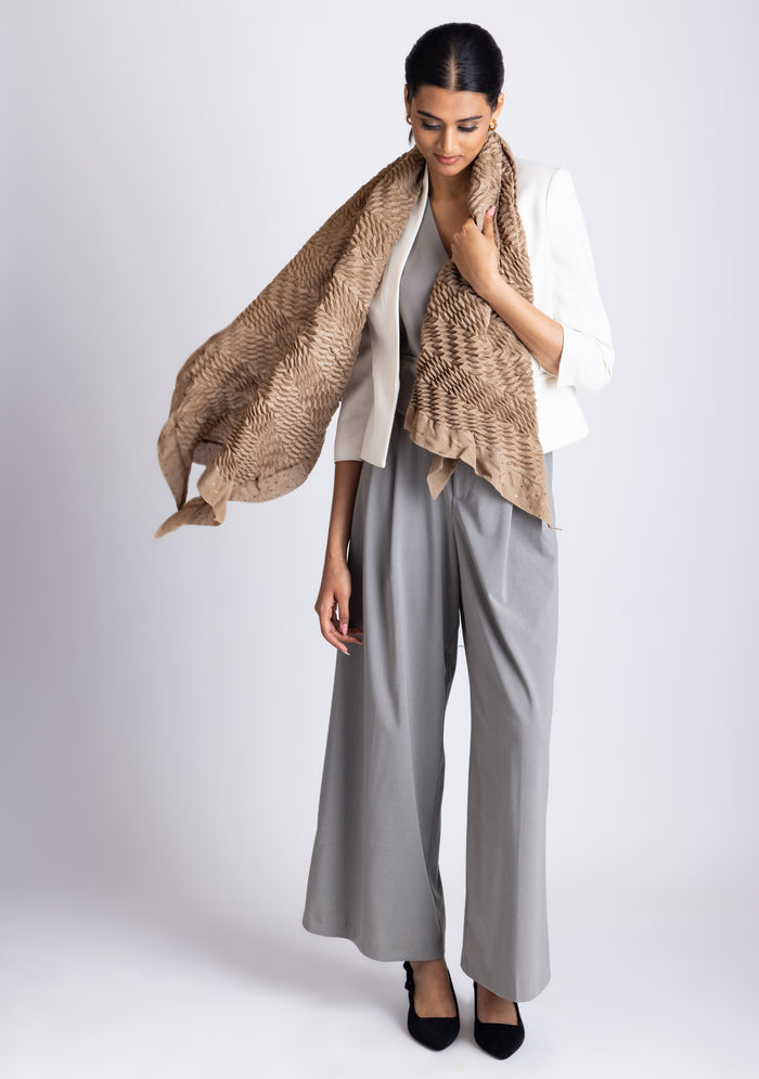 Natural Pleated Wool & Silk Scarf
Crystal Border