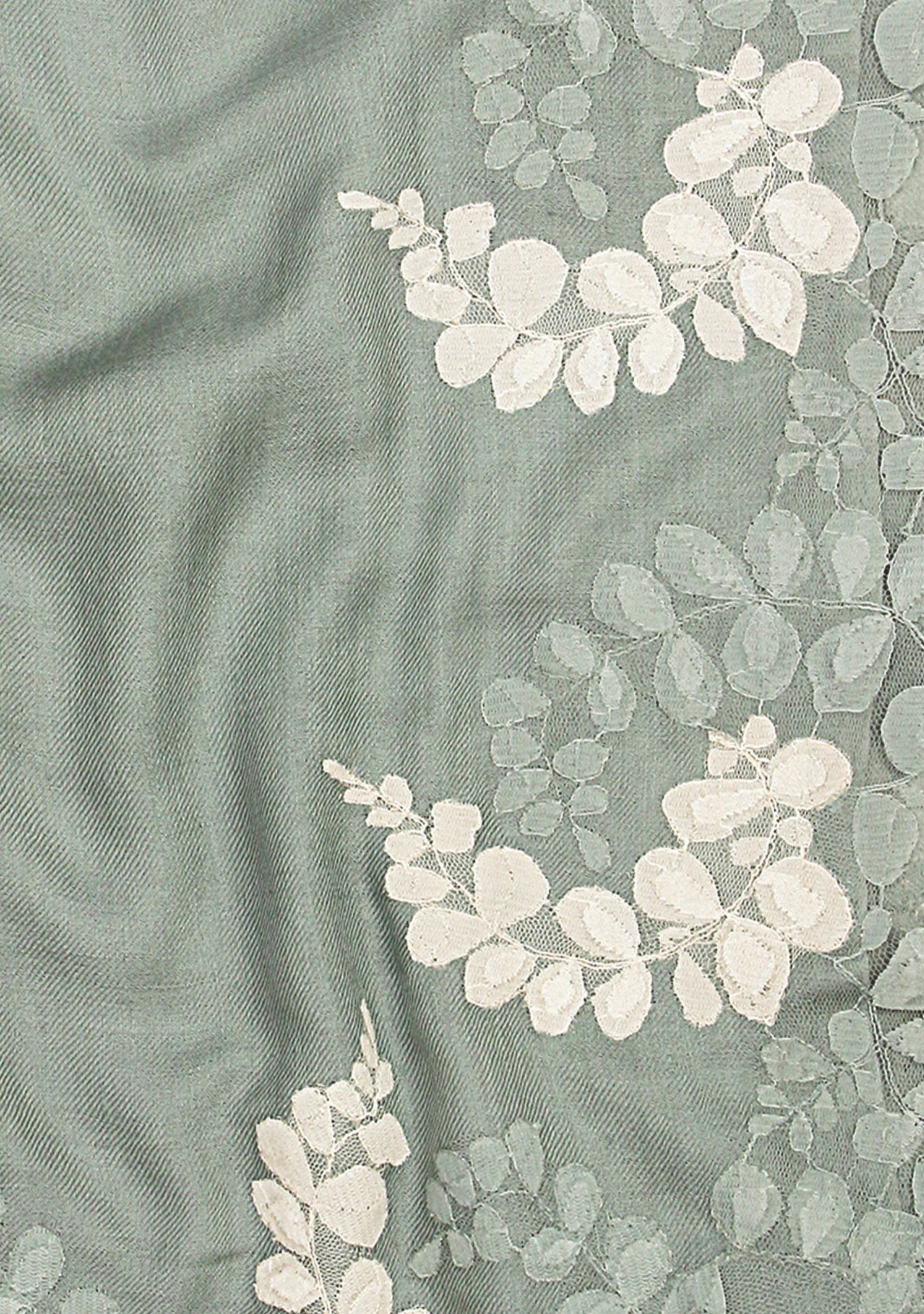 Sage Green Silk and Wool Scarf with a Sage Green and Beige Double Scalloped Lace Border