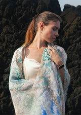Dual Color Blue and Mousse Floral Print Linen Scarf with a Mousse Lace Cut-out Inner Border