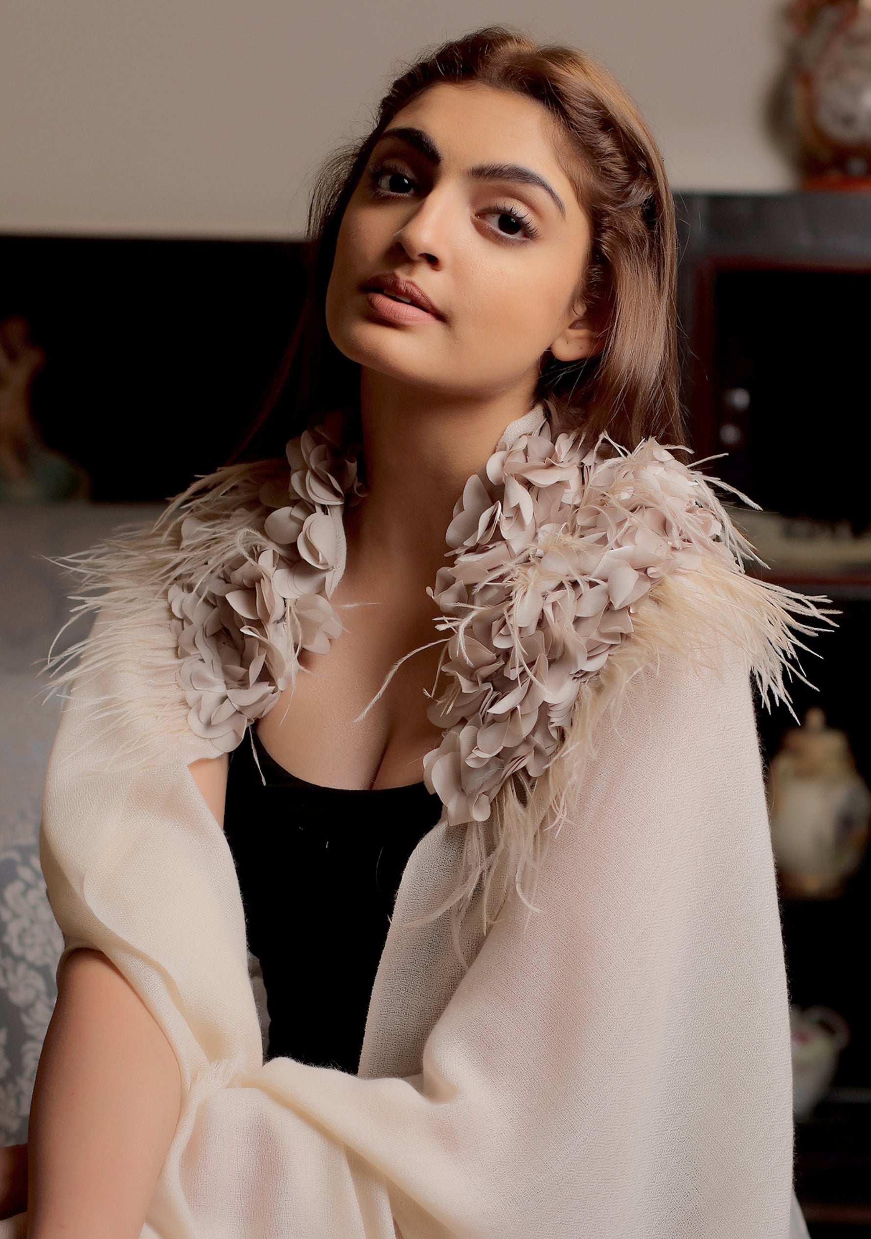 Beige Cashmere Scarf with a Beige Feather and Beige Satin Leaf Collar and Appliques