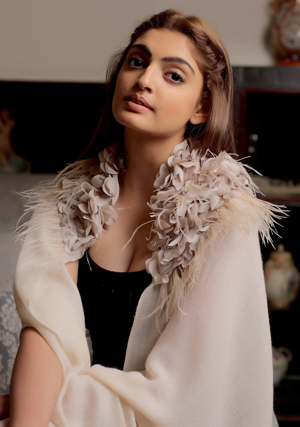 Beige Cashmere Scarf with a Beige Feather and Beige Satin Leaf Collar and Appliques