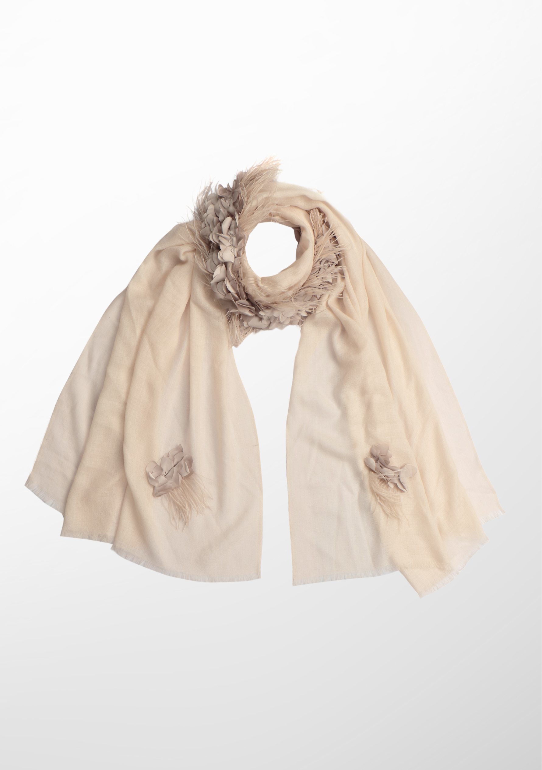 Beige Cashmere Scarf with a Beige Feather and Beige Satin Leaf Collar and Appliques