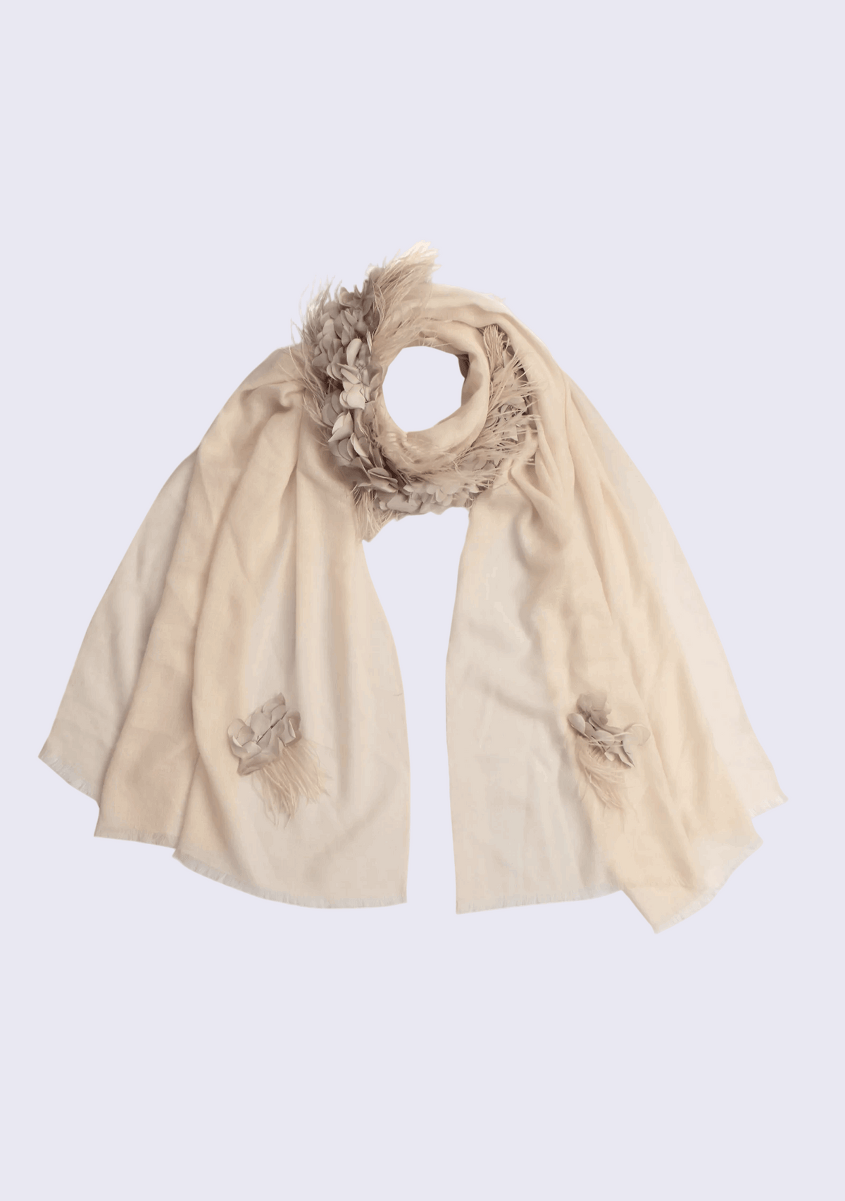 Beige Cashmere Scarf Beige Feather & Satin Appliques