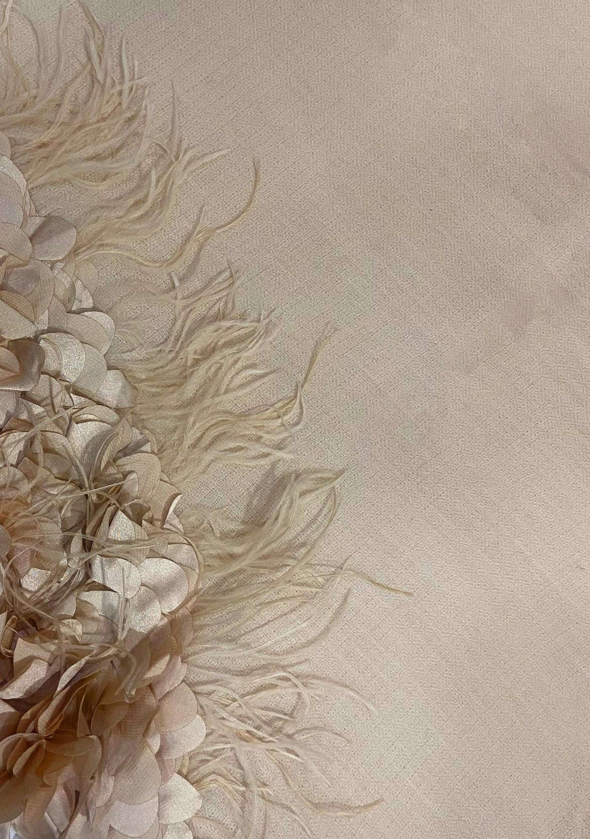 Beige Cashmere Scarf Beige Feather & Satin Appliques