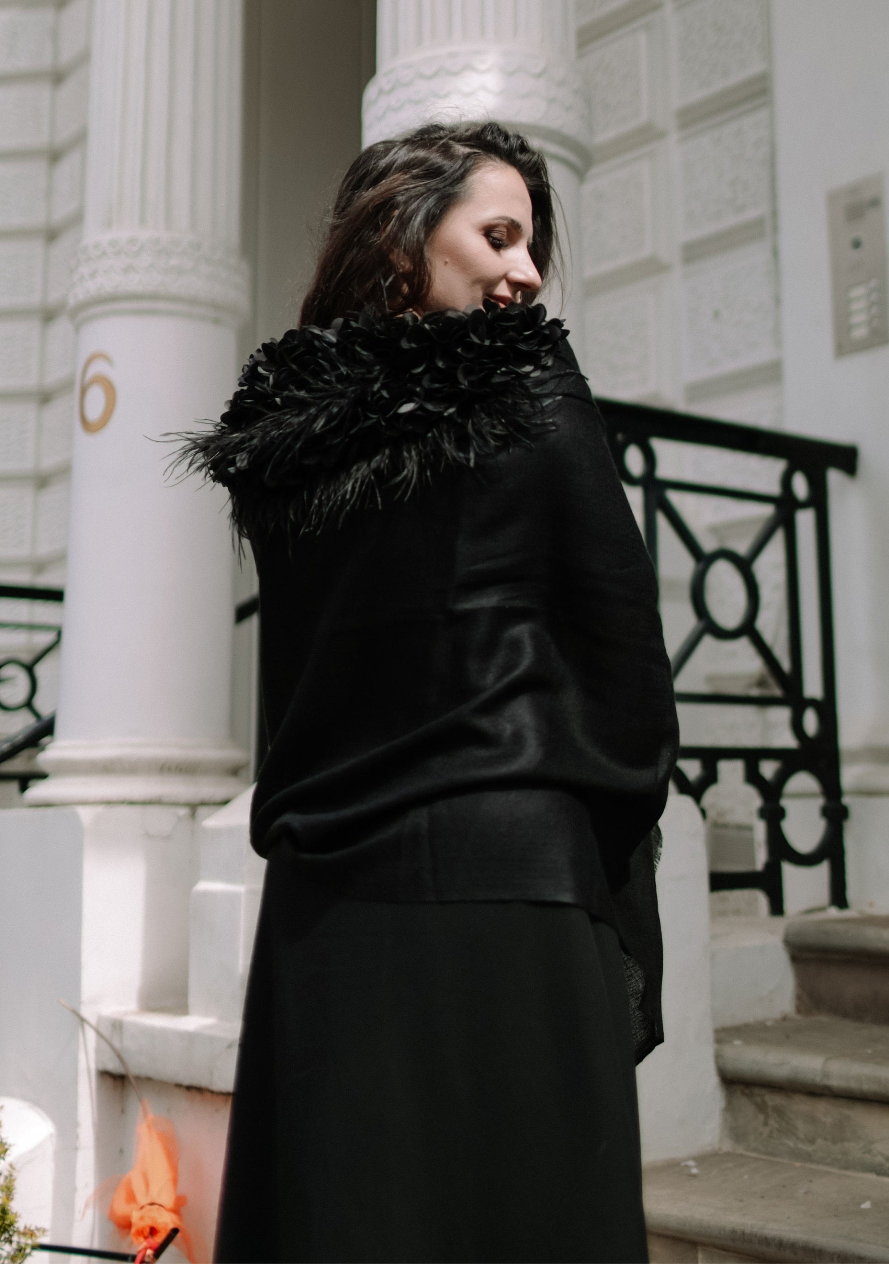 Black Cashmere Scarf with a Black Feather and Black Satin Leaf Collar and Appliques