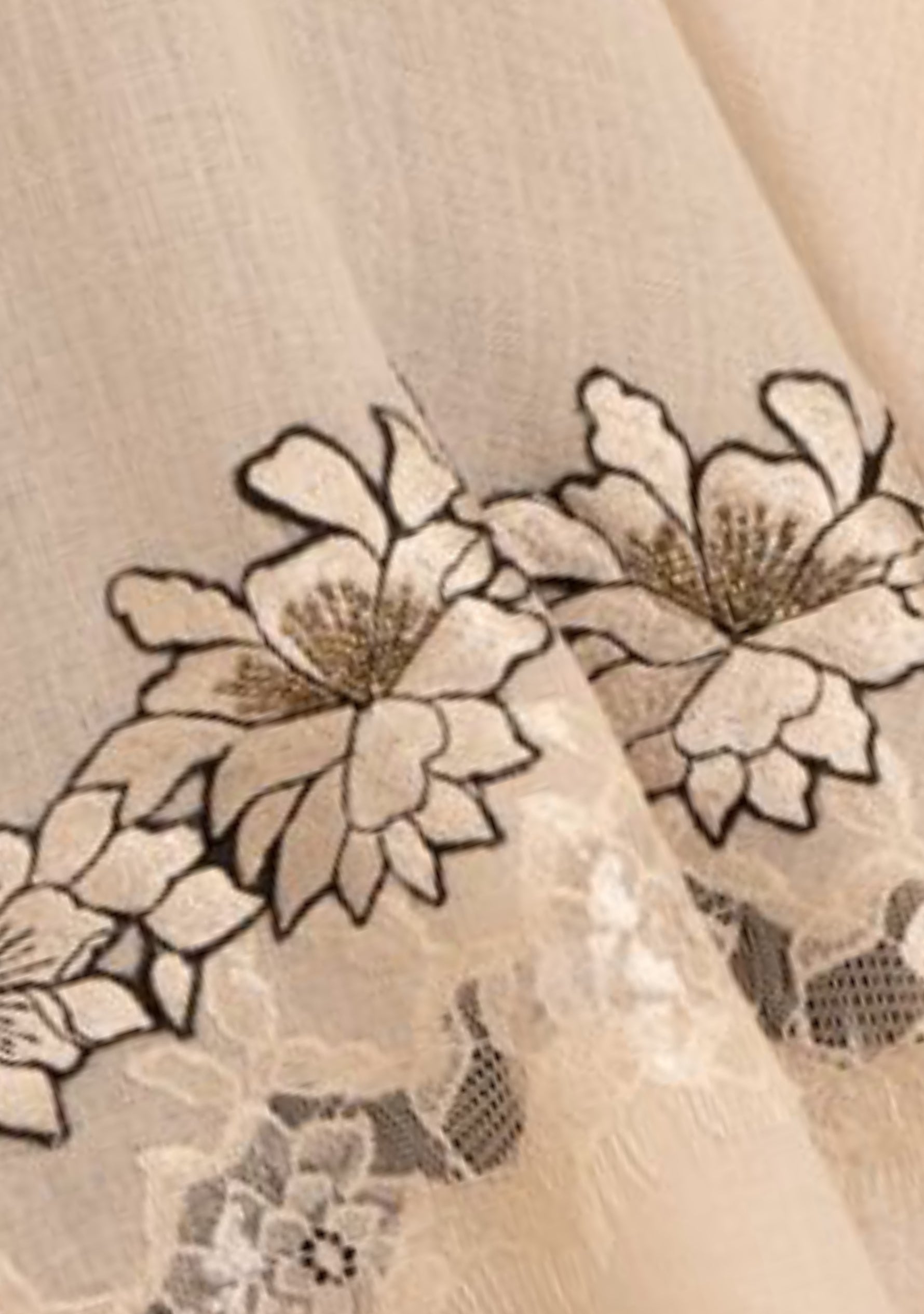 Beige Cashmere Scarf with Beige Floral Embroidery and Shiny Beige Filigree Lace Panel