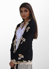 Black Silk and Wool Scarf with a Lt. Gold Leaf Lace Applique & Border