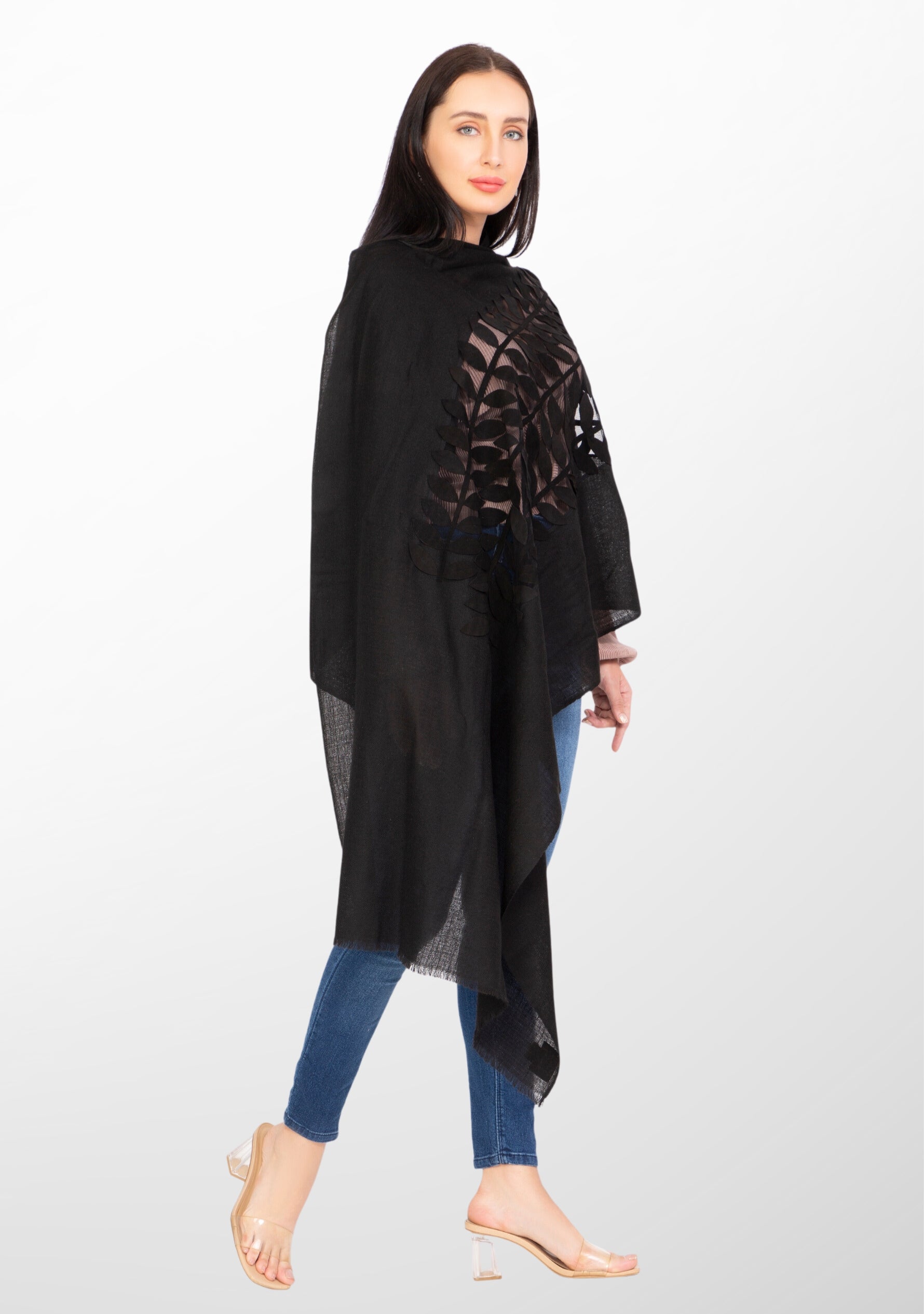 Black Cashmere Scarf with Black Suede Leather Leaf Applique Center Patch