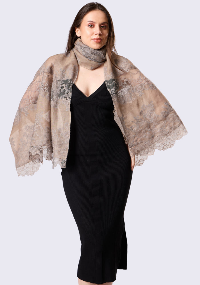 Taupe Linen & Modal Scarf  Mousse Lace Panels
