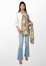Natural Melange Wool and Silk Scarf with Multicolor Embroidery