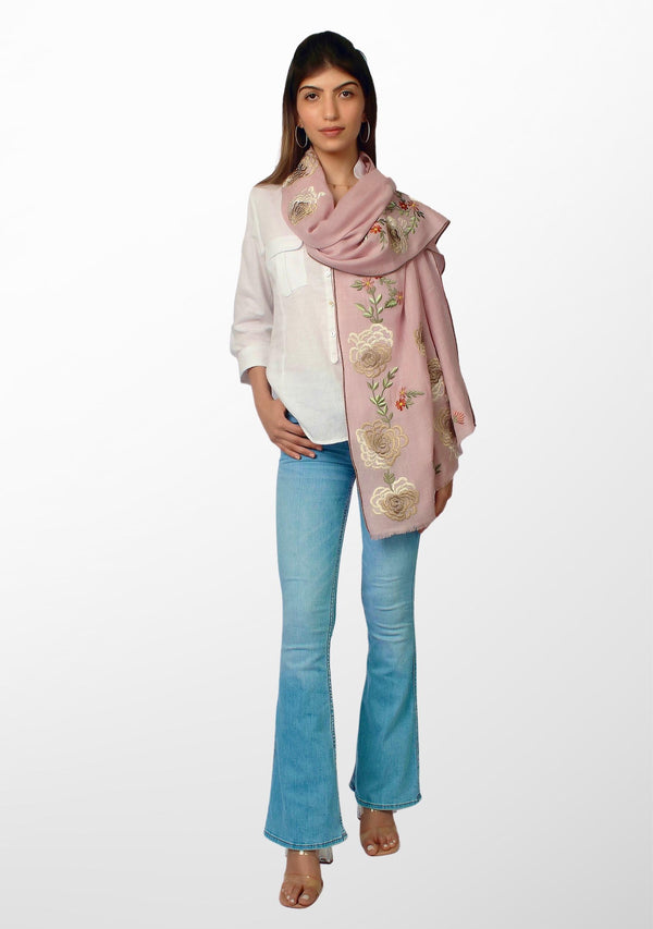 Lt. Pink Melange Wool and Silk Scarf with Multicolor Embroidery