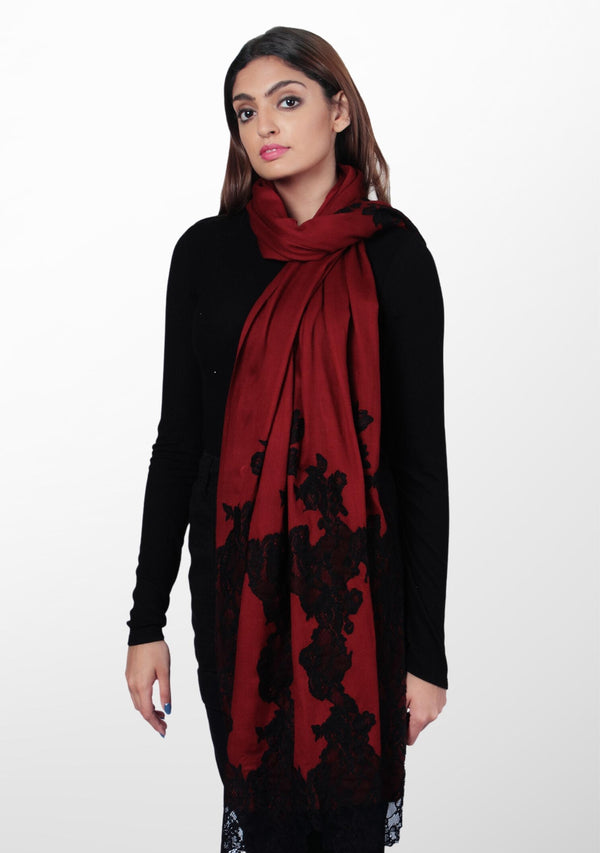 Burgundy Wool and Silk Scarf with Black Floral Lace