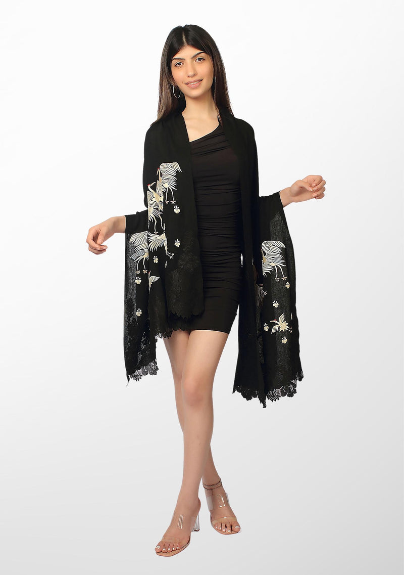 Black Cashmere Scarf with Beige Embroidery and Black Chantilly Lace Pallas