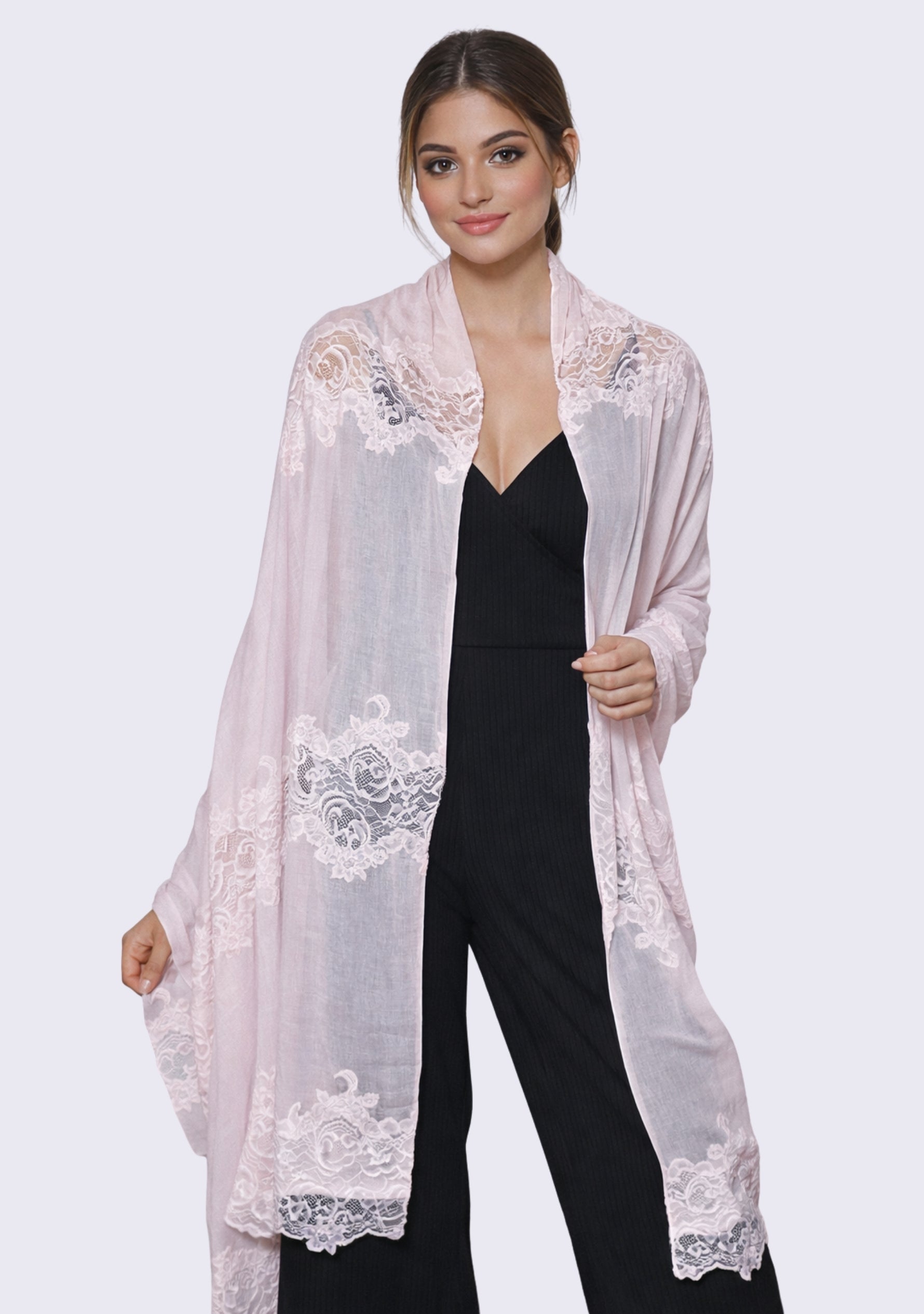 Soft Pink Modal & Silk Scarf  Soft Pink Lace Panels