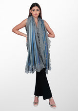 Grey Wool and Silk Multi-Blue Striped Scarf with Grey Floral Lace Border