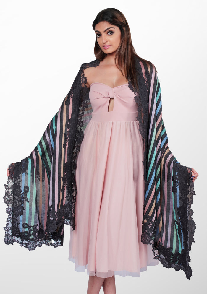 Charcoal Pastel Wool & Silk Multi-Pastel Striped Scarf 
Charcoal Floral Lace