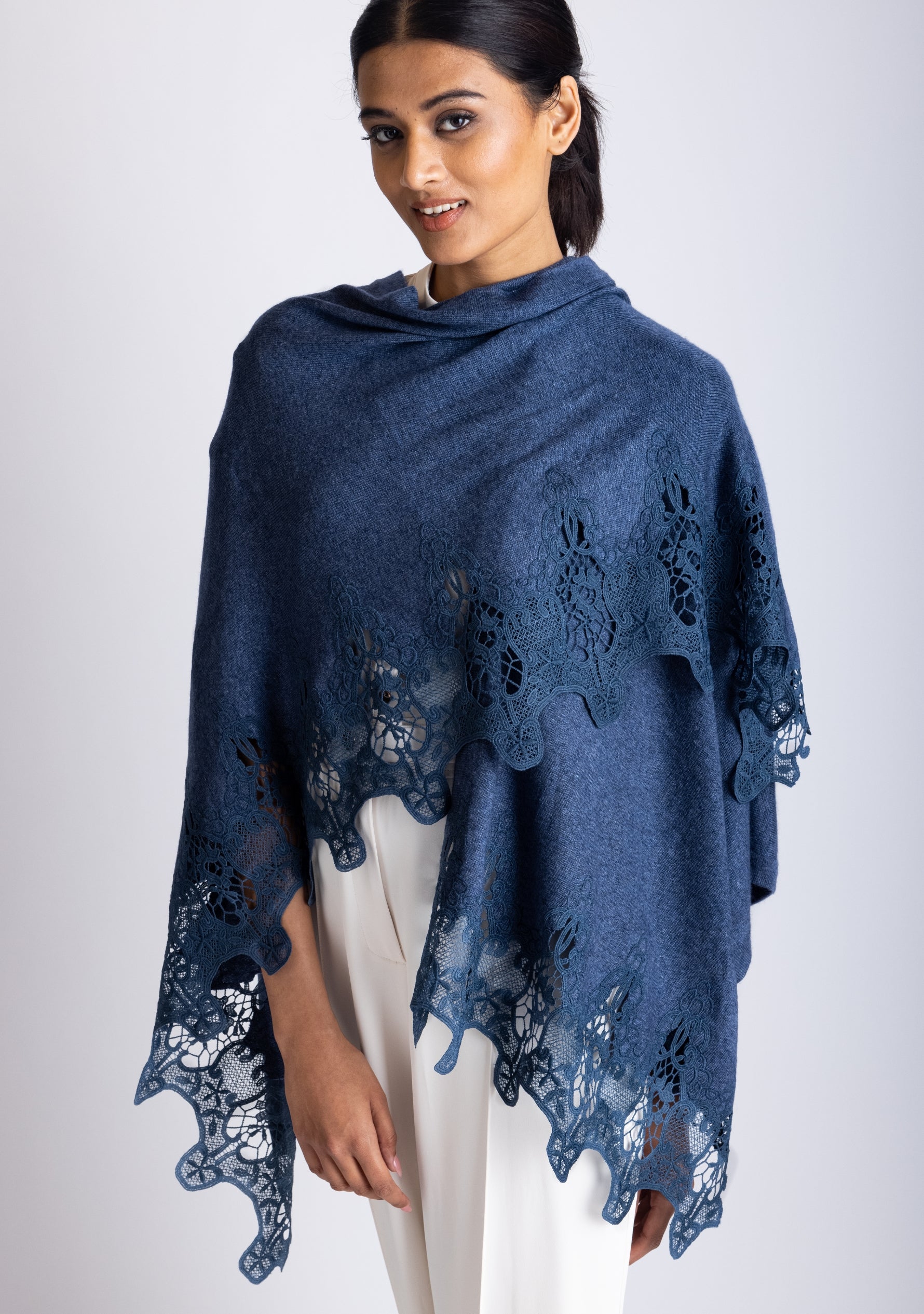 Denim Melange Knitted Fine Wool Cape with Denim Lace Application