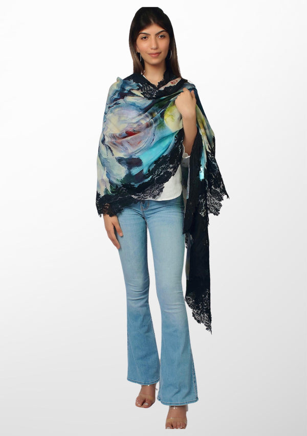 Blue Water Lillies Print Wool And Silk Scarf with a Navy Blue Floral Lace Border