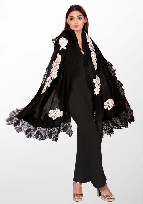 Black Wool and Silk Scarf with a Black 
Floral Lace Border and Beige-Colored Embroidery.