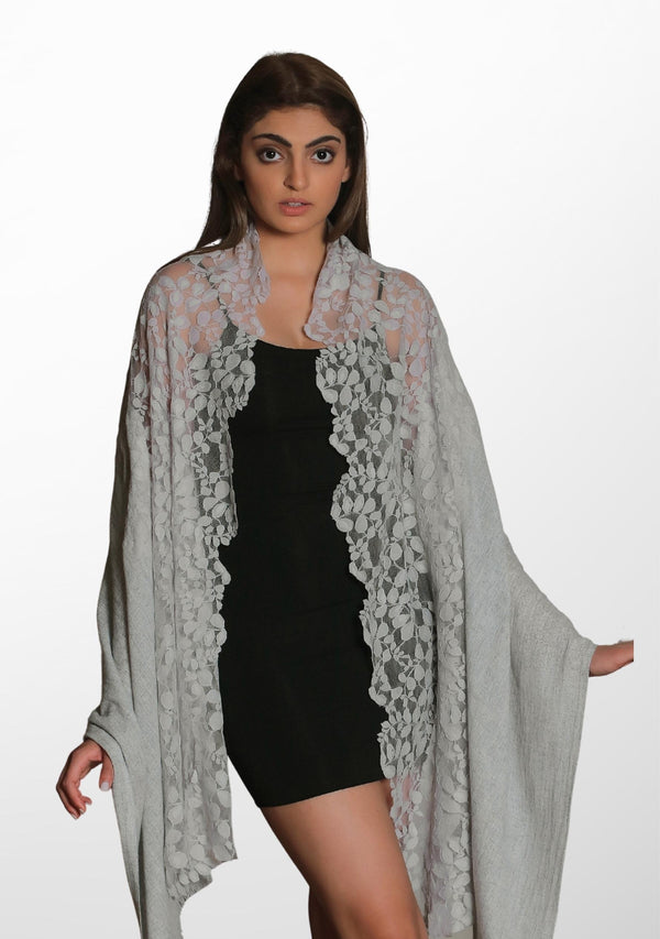 Grey Melange Wool Scarf with a Grey Bold Leaf Lace