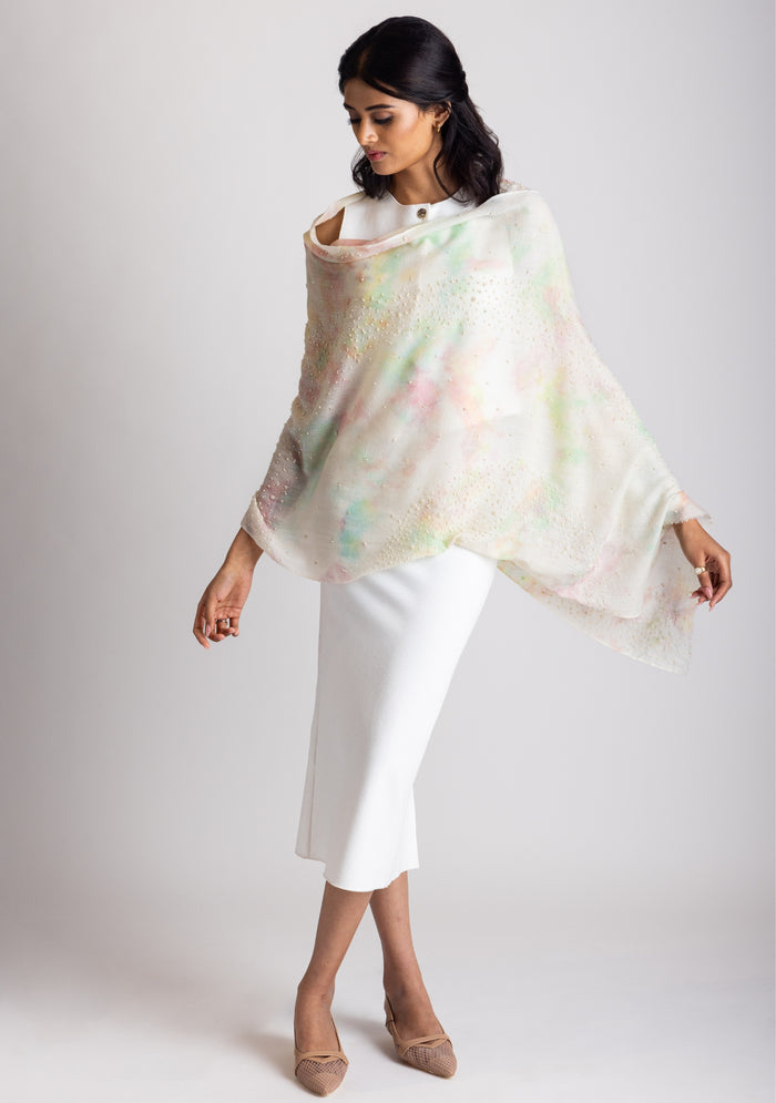 Multi-Pastel Cashmere Scarf Ivory Pearls
