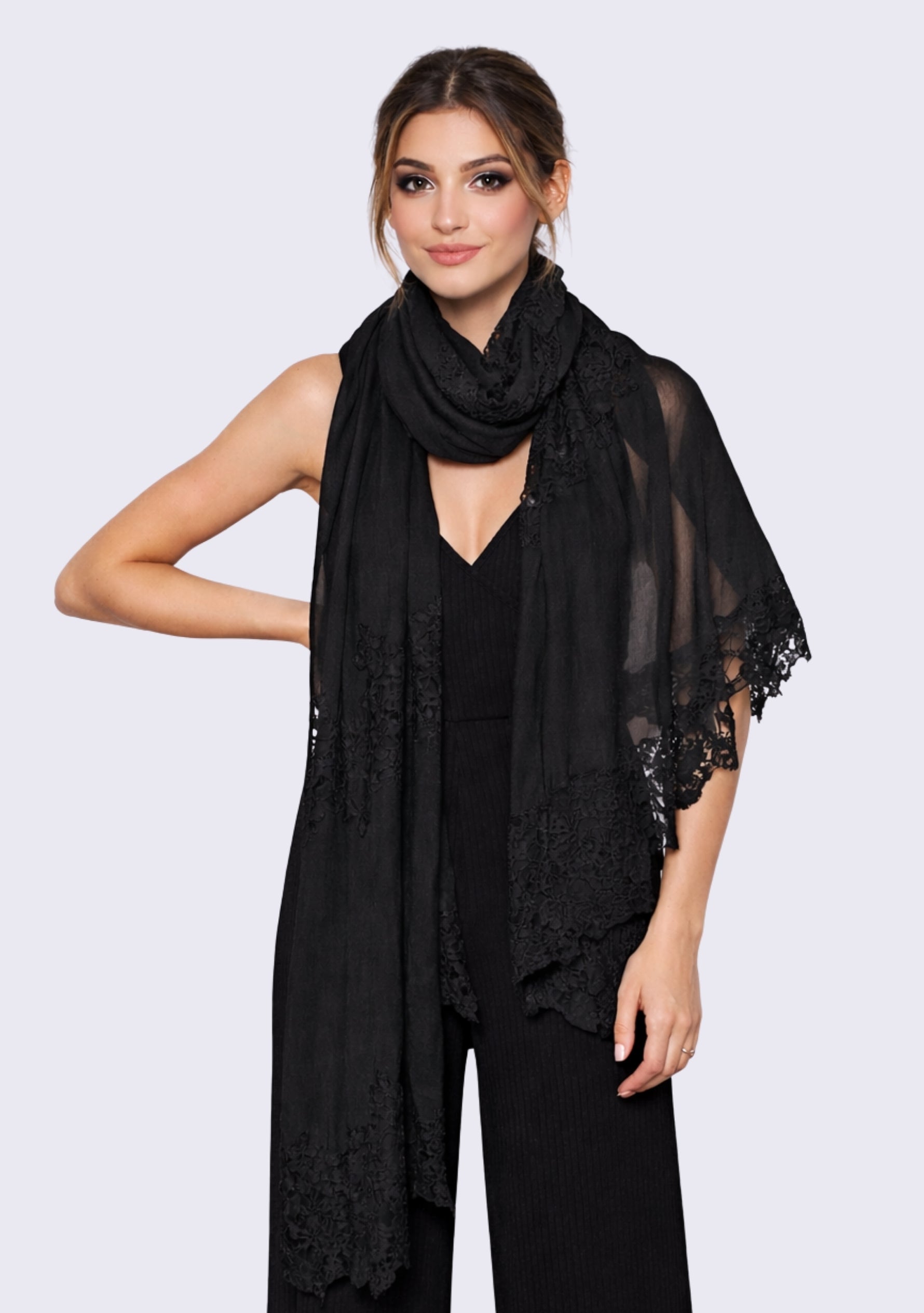 Black Modal & Silk Scarf  Black Lace Panels