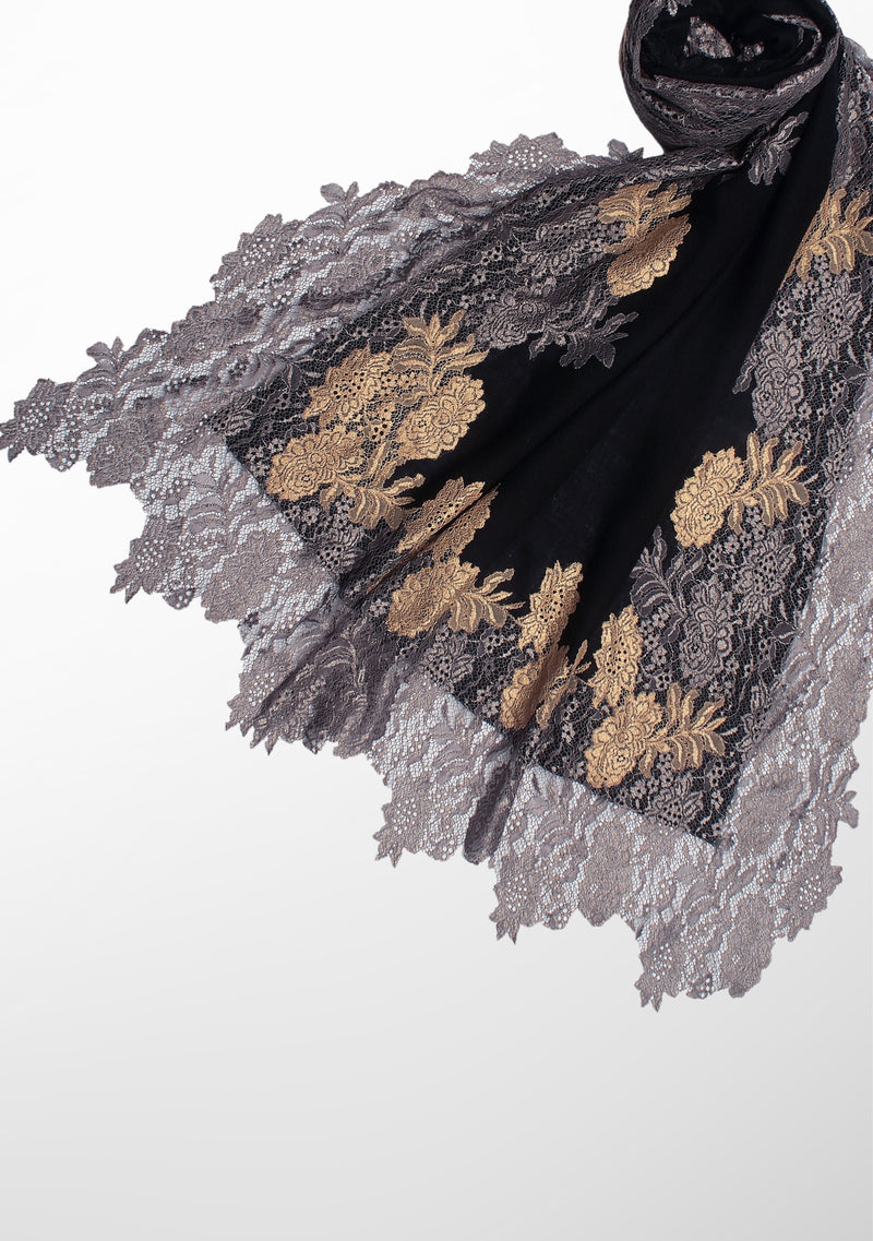 Black Wool and Silk Scarf with Antique Silver and Dk. Gold Double-Color Floral Lace Border