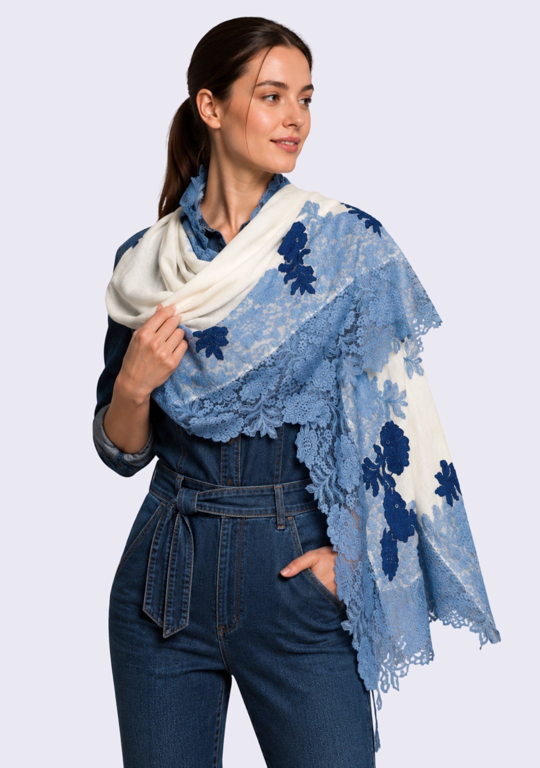 Ivory Wool & Silk Scarf Steel Blue & Dk. Denim Blue Color Lace