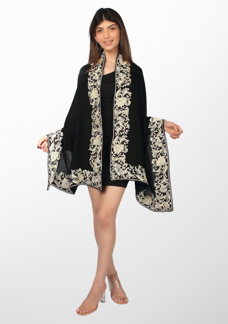 Black Cashmere Scarf with a Beige Border Embroidery and Black Lace Edging