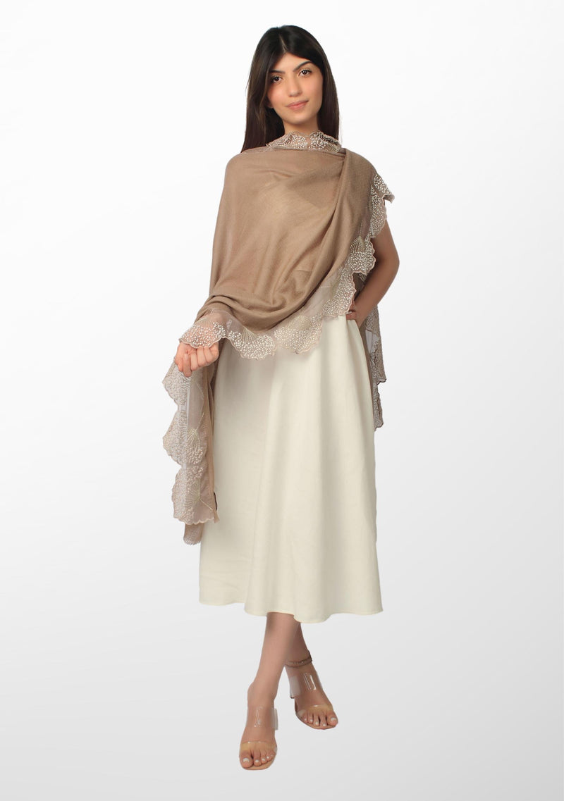 Taupe Cashmere Scarf with Ivory Pearl Embroidered Borders
