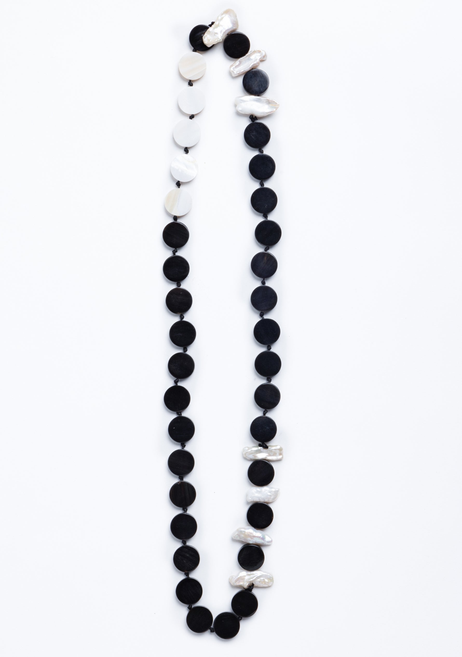 Black Buffalo Horn Disk, White Shell Disk and White Baroque Pearl Necklace