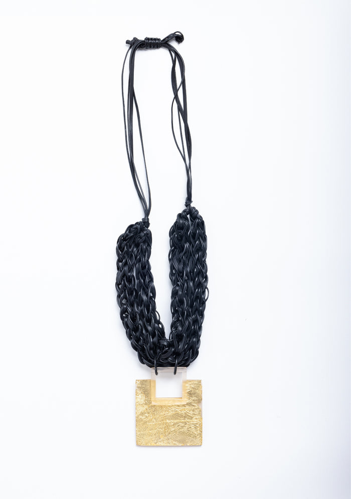 Braided Black Cord with a Square Gold Resin Pendant Necklace jewelry