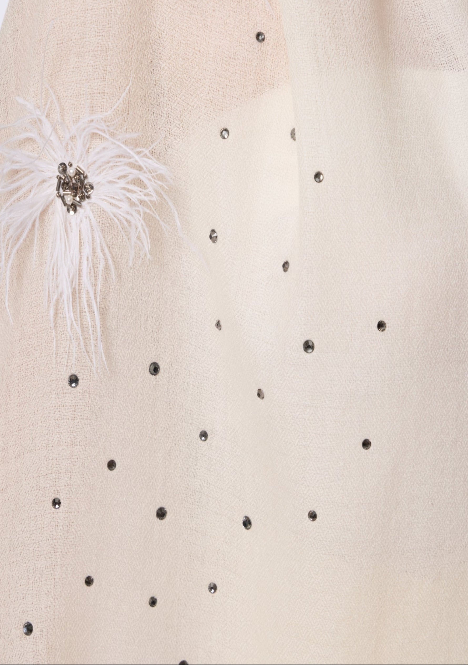 IVORY scarf with black polka dots and white feather embellishments on a plain background