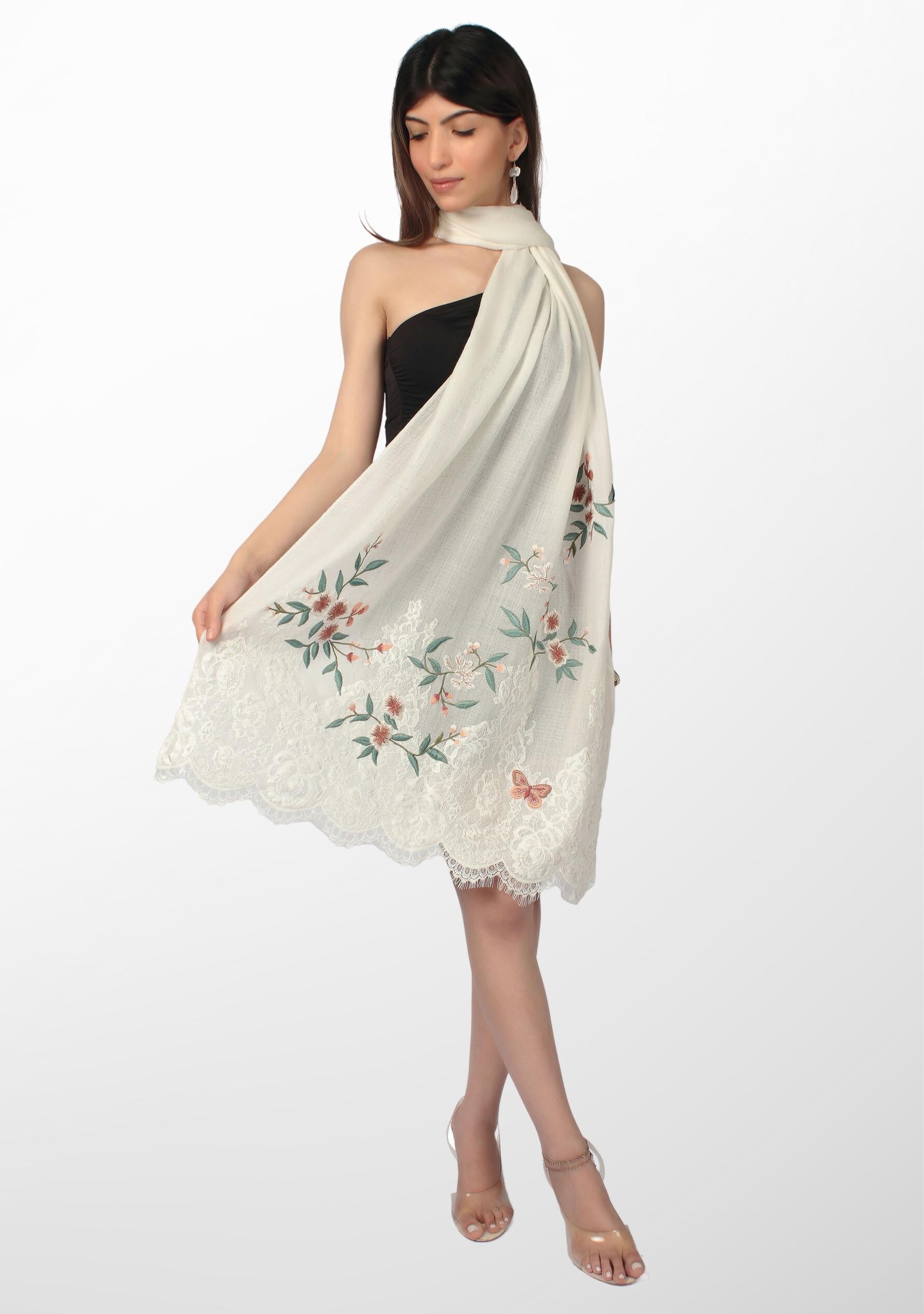 Ivory Cashmere Scarf with Multi-colored Embroidery and Ivory Filigree Lace Pallas