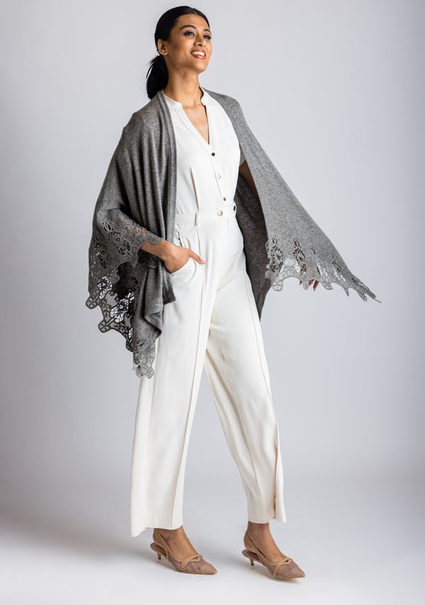 Grey Melange Knitted Fine Wool Cape with Grey Lace Application