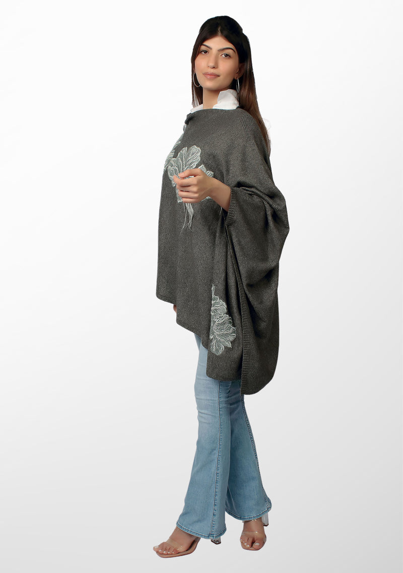 Charcoal Melange Knitted Fine Wool Poncho with Lt. Grey Embroidery and Feather Applique