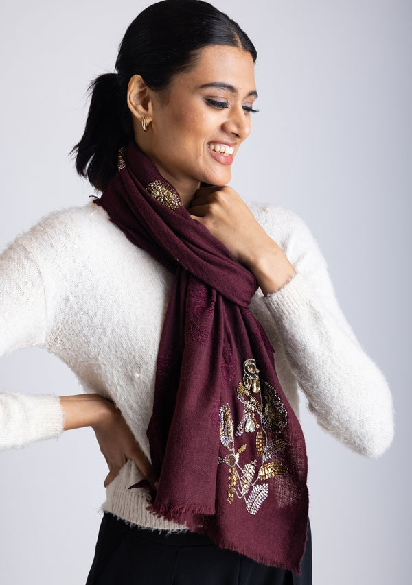 Plum Cashmere Scarf with Metalic Hand-Embroidery and Plum Floral Lace Appliques