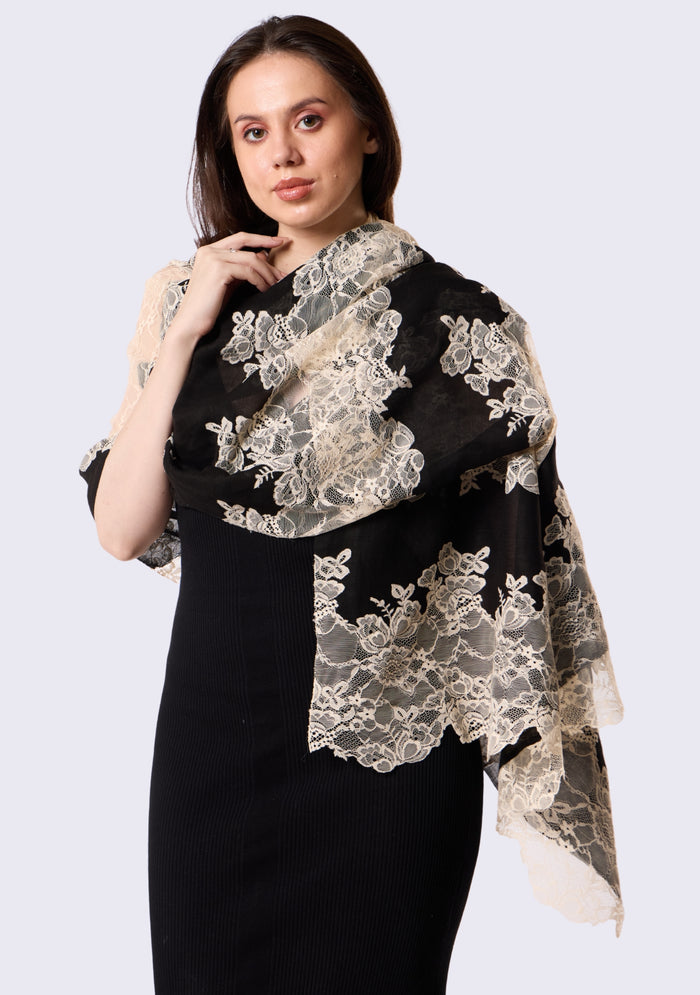 Black Linen & Modal Scarf  Beige Lace Panels