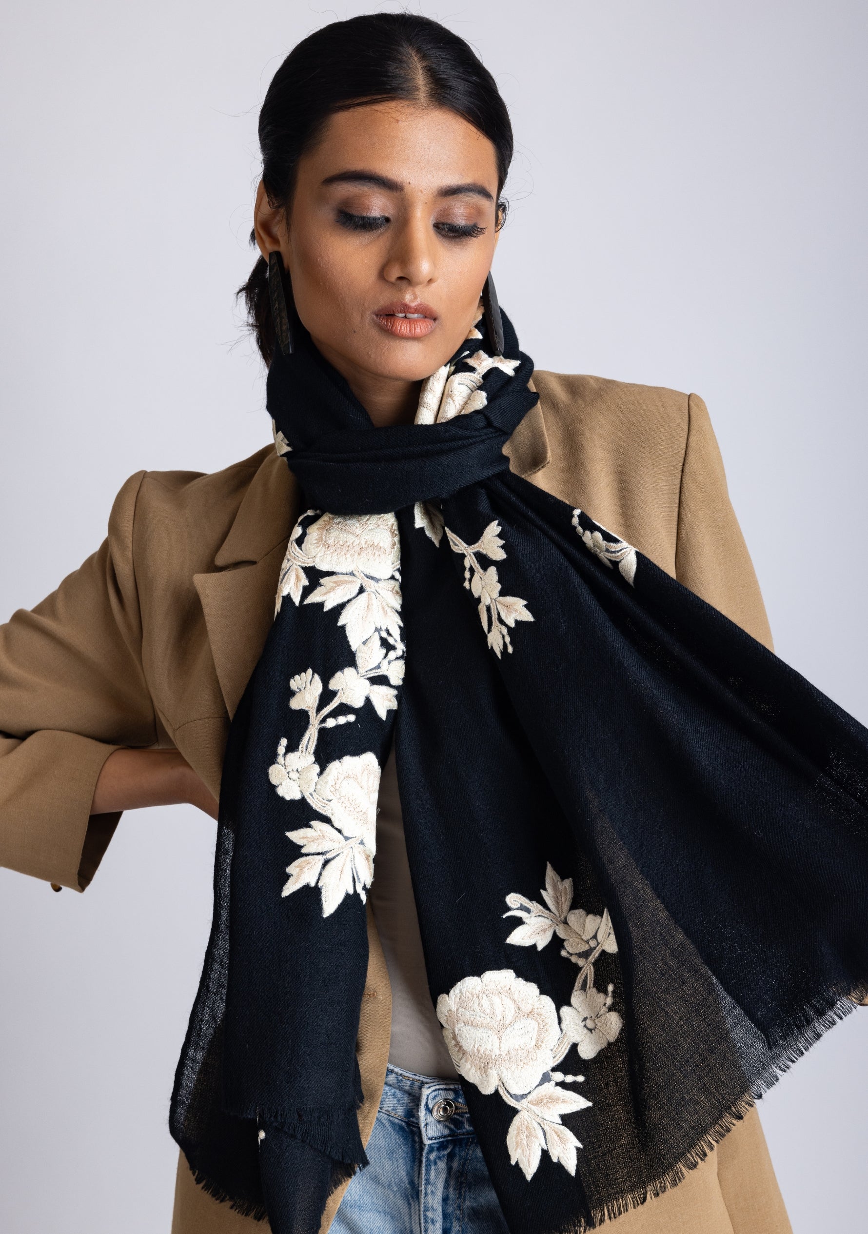 Black Cashmere Scarf with Ivory Beige Floral Embroidery