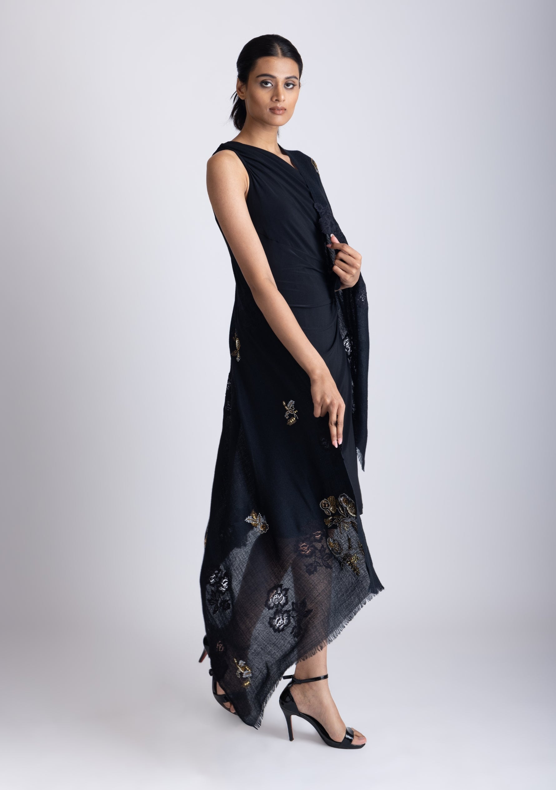 Black Cashmere Scarf with Metalic Hand-Embroidery and Black Floral Lace Appliques