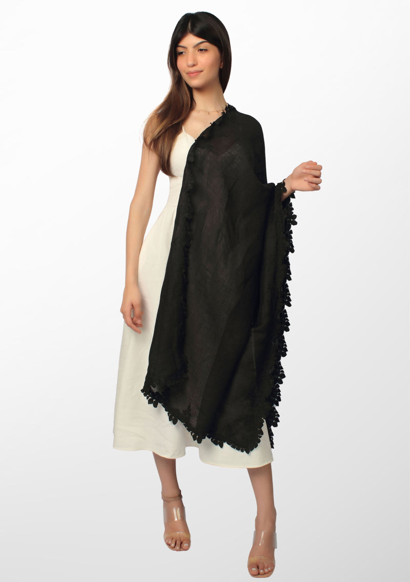 Black Linen and Modal Scarf with a Black Scalloped Lace Border