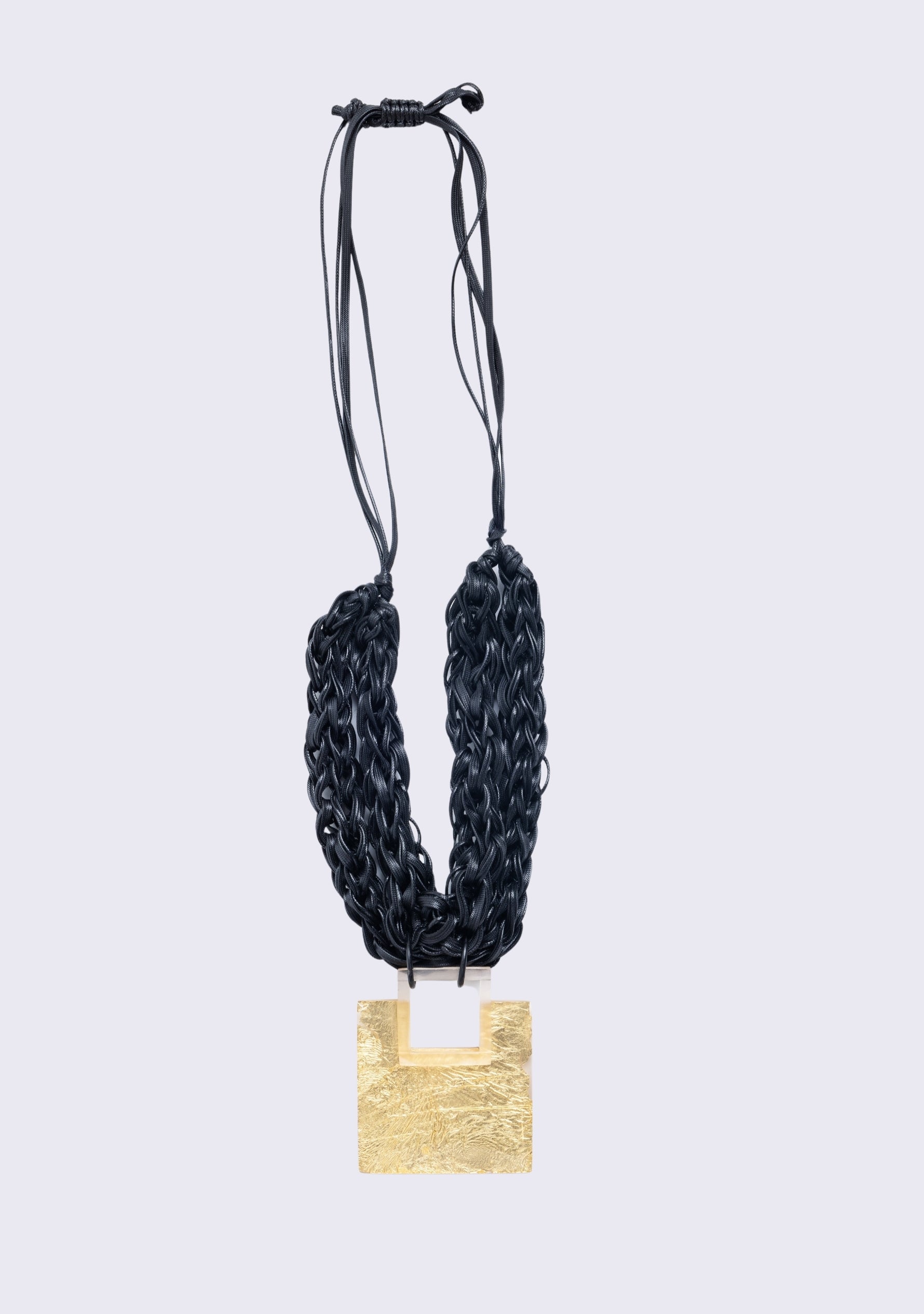 Black Wool & Silk Scarf  and Square Gold Resin Pendant Necklace