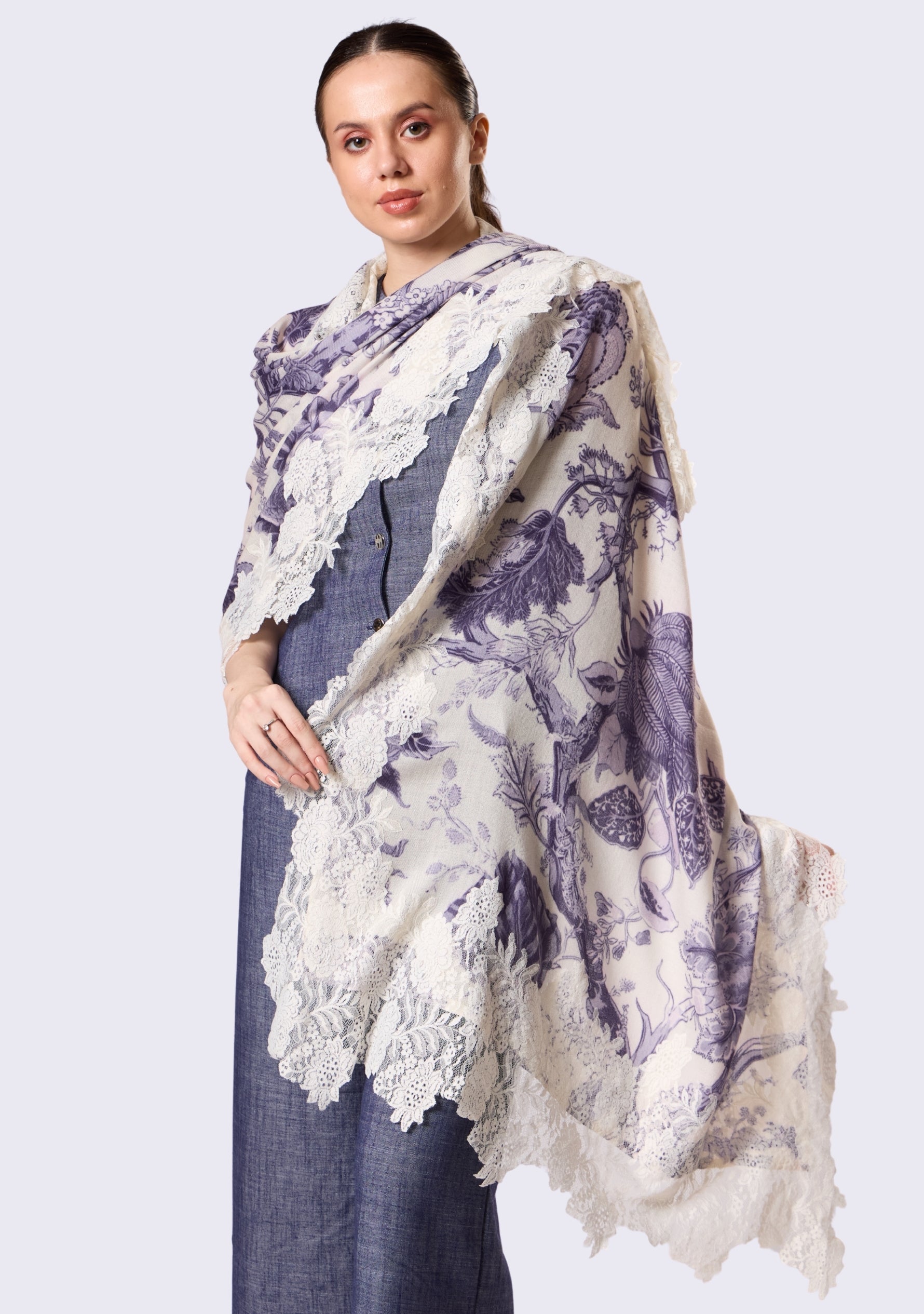 Violet Jacobean Print Wool & Silk Scarf Ivory Lace