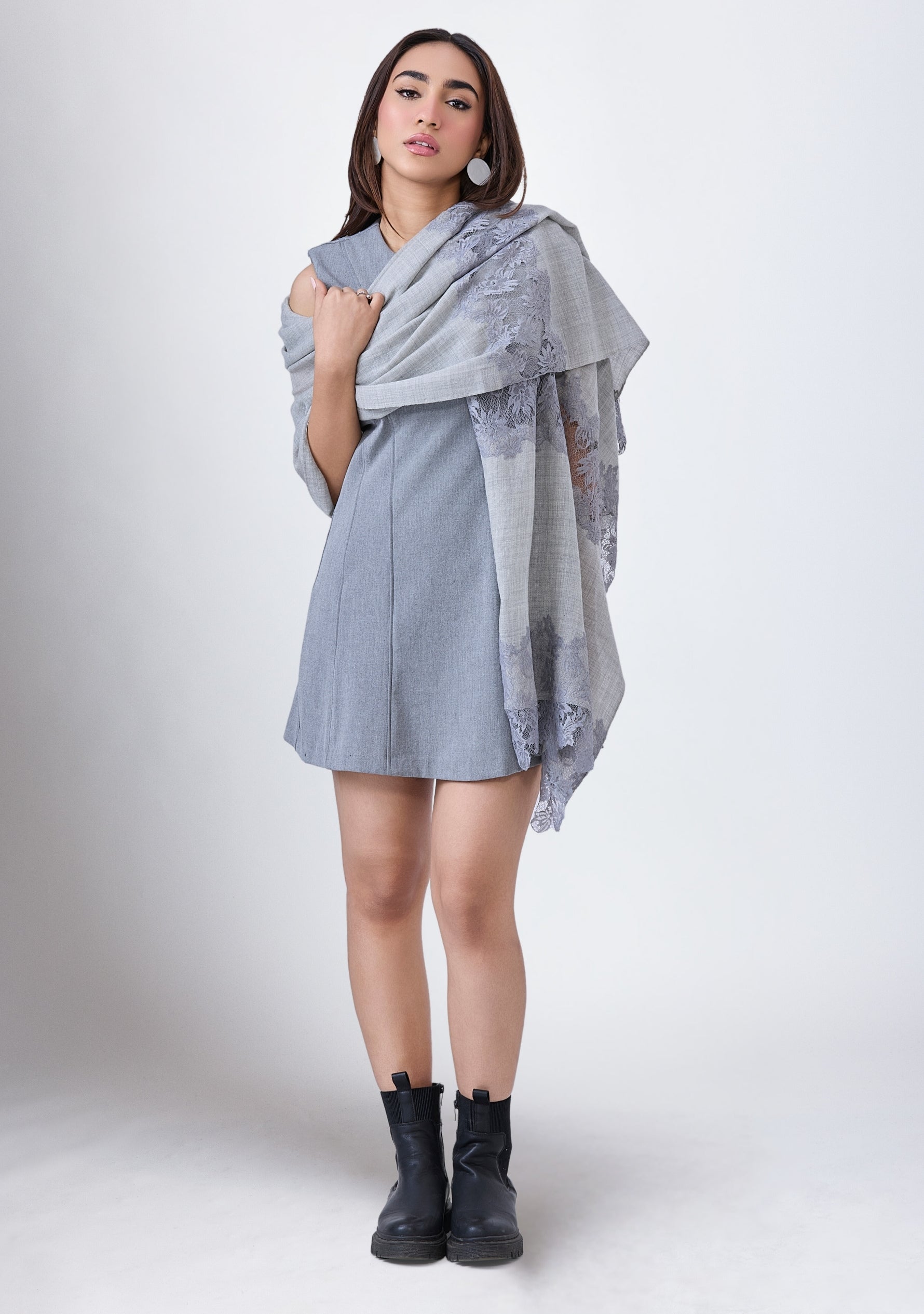 Lt. Grey Melange Wool and Silk Scarf with Dk. Grey Floral Lace Panels