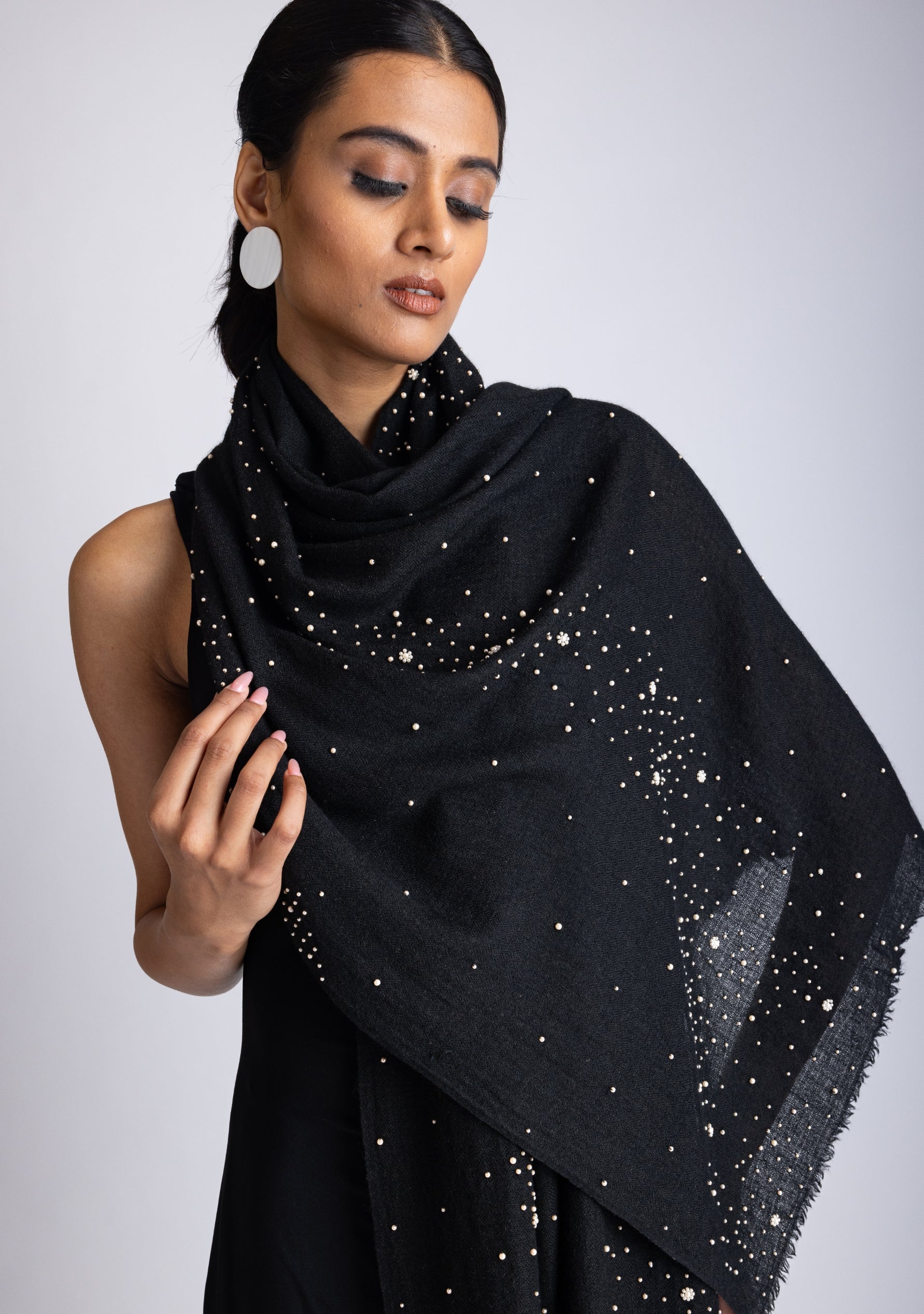 Black Cashmere Scarf with Ivory Pearls