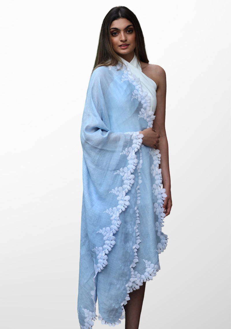 Powder Blue Linen and Modal Scarf with an Ivory Scalloped Lace Border