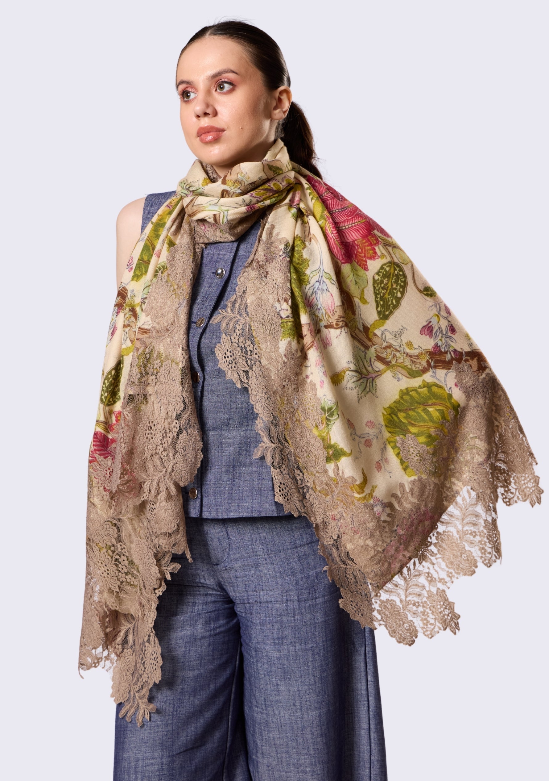 Multi-colored Botanical Print Wool & Silk Scarf Natural Lace