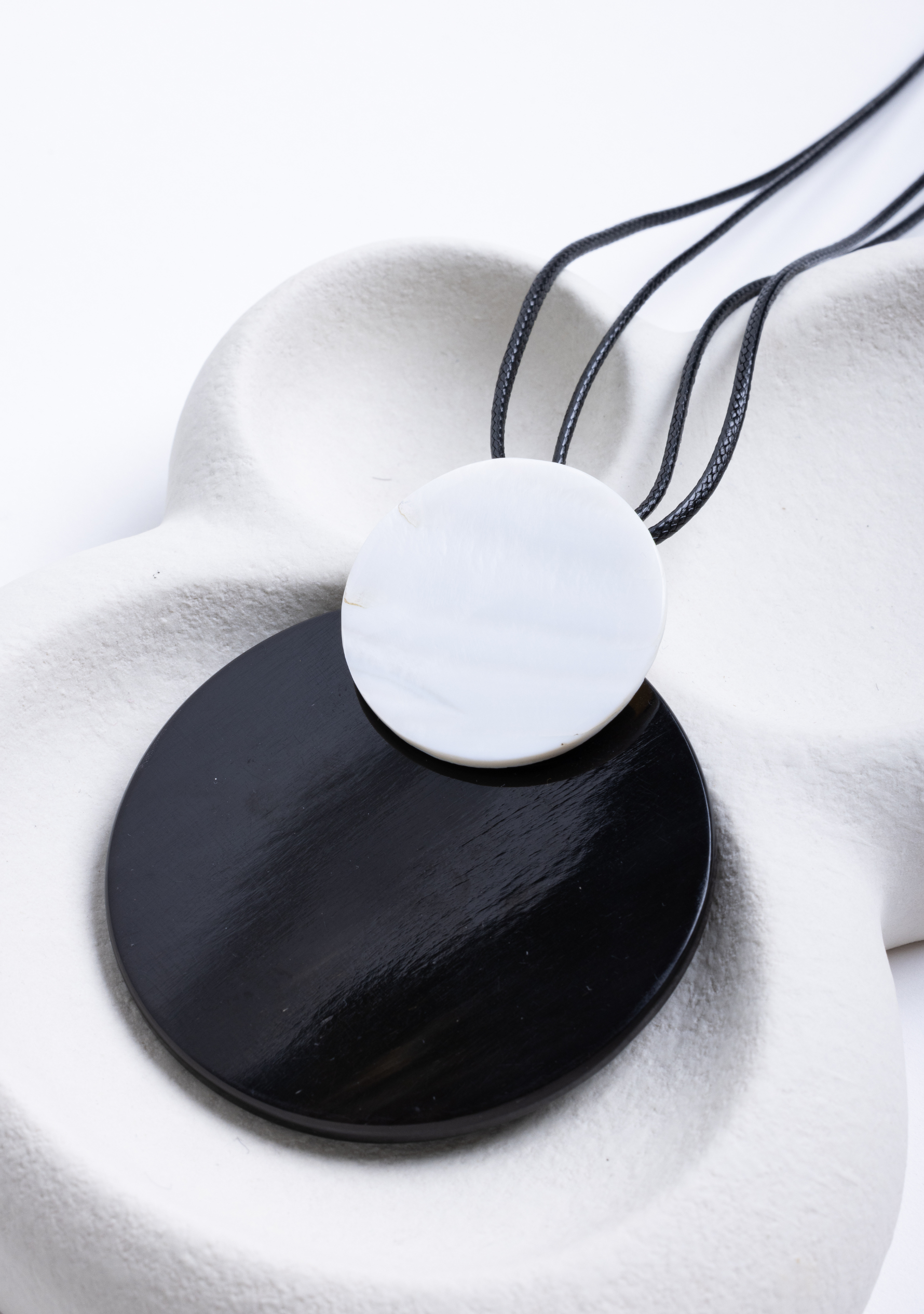 Black Cord with Black Buffalo Horn Disk and White Shell Disk Pendant Necklace