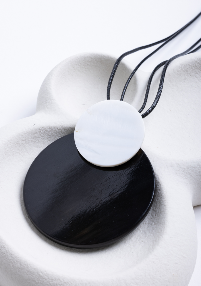 Black Cord with Black Buffalo Horn Disk & White Shell Disk Pendant Necklace jewelry